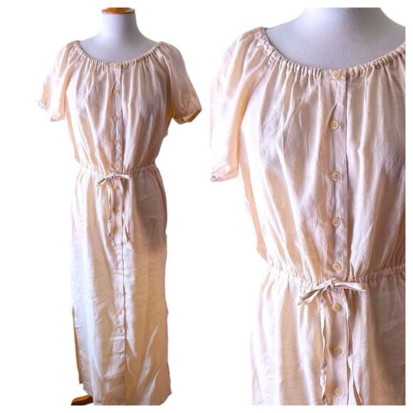 J. CREW Beige Linen Boho Button-front Shirt Dress with Puff Sleeves - Size 8 - Picture 1 of 7